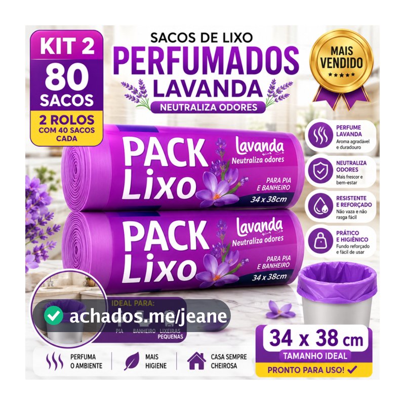 Saco de Lixo Perfumado Lavanda 80 Unidades Kit 2 Rolos Reforçado Para Pia Banheiro Cozinha 34x38cm Anti Odor Neutraliza