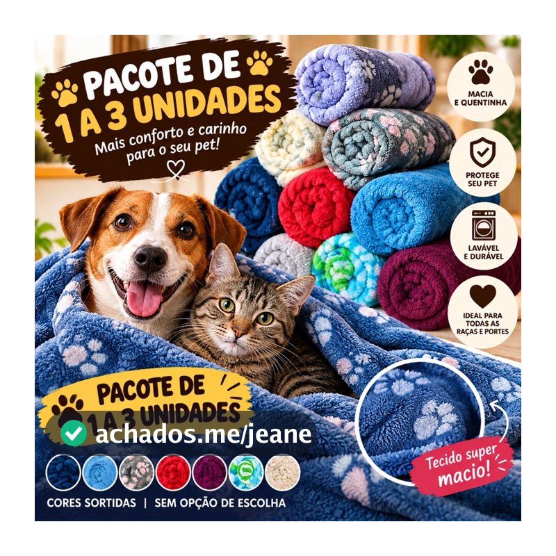 PACOTE 1 Á 3  Mantas Pet Soft Cachorro e Gato 80x60 Cobertor Fleece Macio Lavável