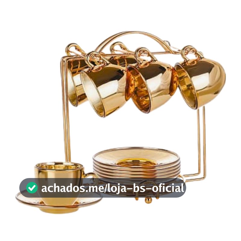 6 Xicaras Café Com Pires 85ml Vidro Dourado Com Suporte