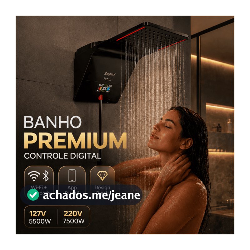 Chuveiro Ducha Eletrônica Zagonel Ducali Premium Black Digital Wi-Fi Bluetooth App 5500W 7500W
