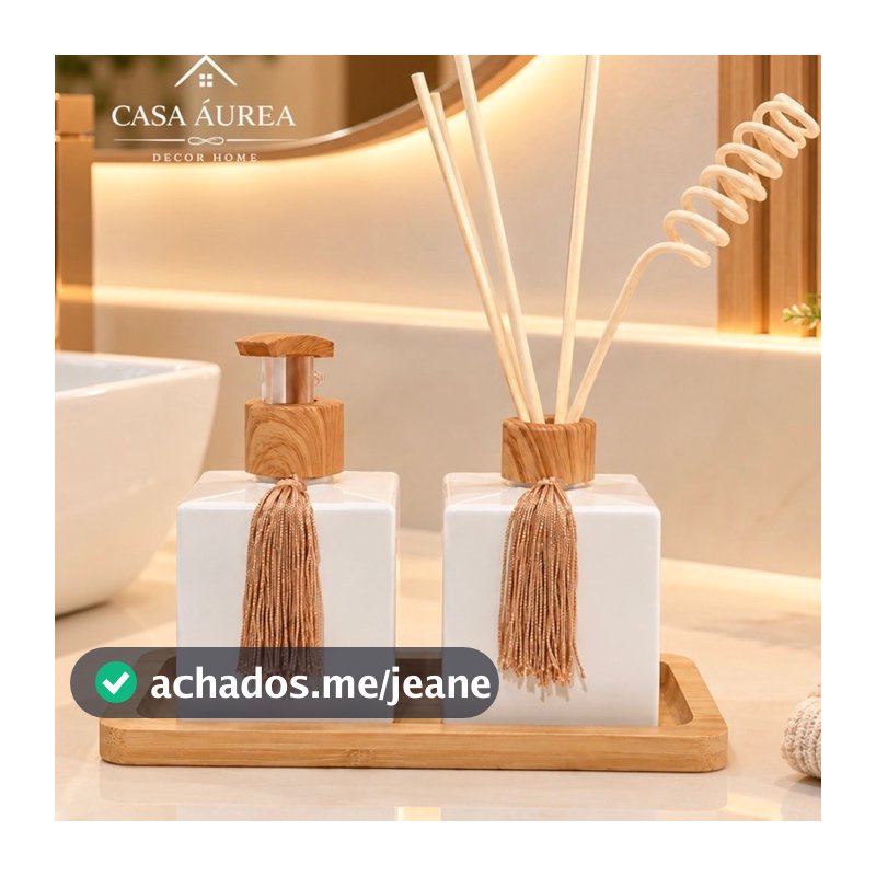 kit Luxo Banheiro e Lavabo Branco Amadeirado Difusor Porta Sabonete Líquido 250ml Bandeja Decoração Banheiro.