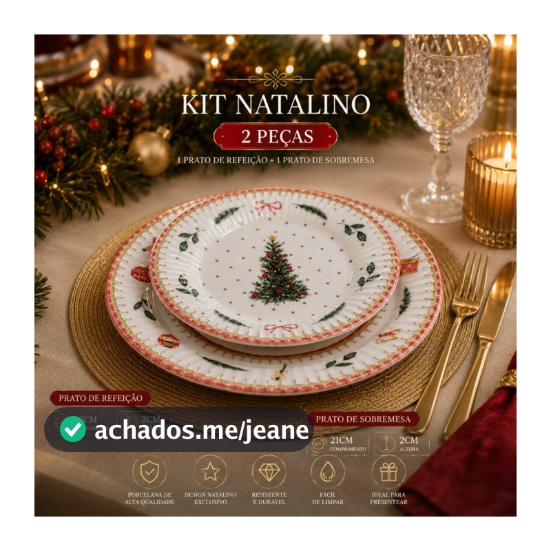 Kit Pratos Natalinos Porcelana 2 Peças Refeição e Sobremesa Decoração Mesa de Natal