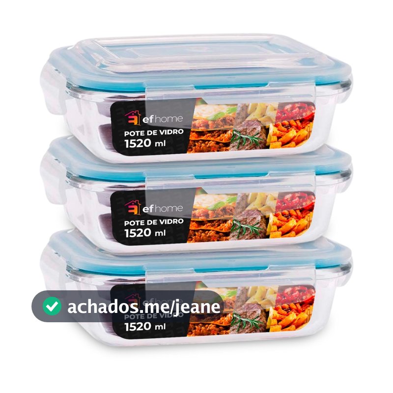 Kit 3 Potes 1520ml De Vidro Com Tampa Hermética e Travas Vai ao Forno/Freezer