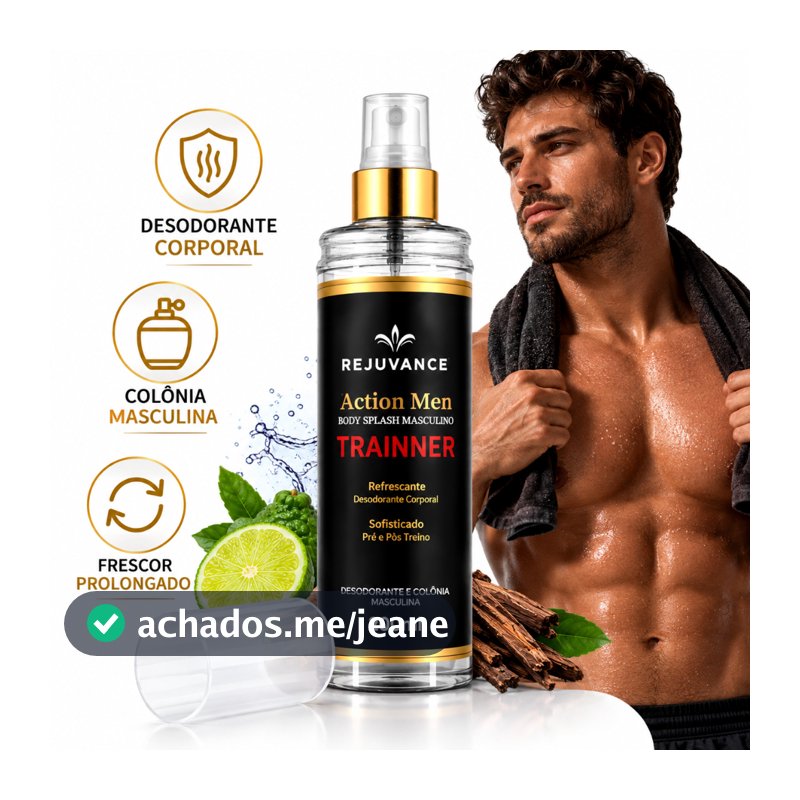 Body Splash Masculino 200ml – Desodorante e Colônia Corporal Pré e Pós-Treino Rejuvance Action Men Trainer