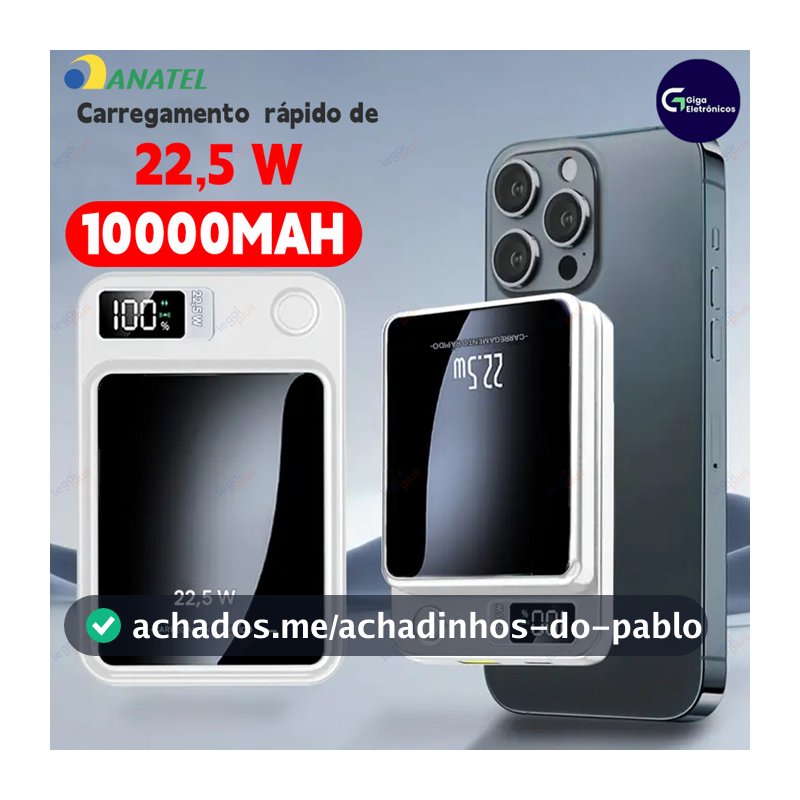 Carregador Externo Portátil 10000mAh com MagSafe e Tela, Recarga por Indução para Celulares iPhone e Android