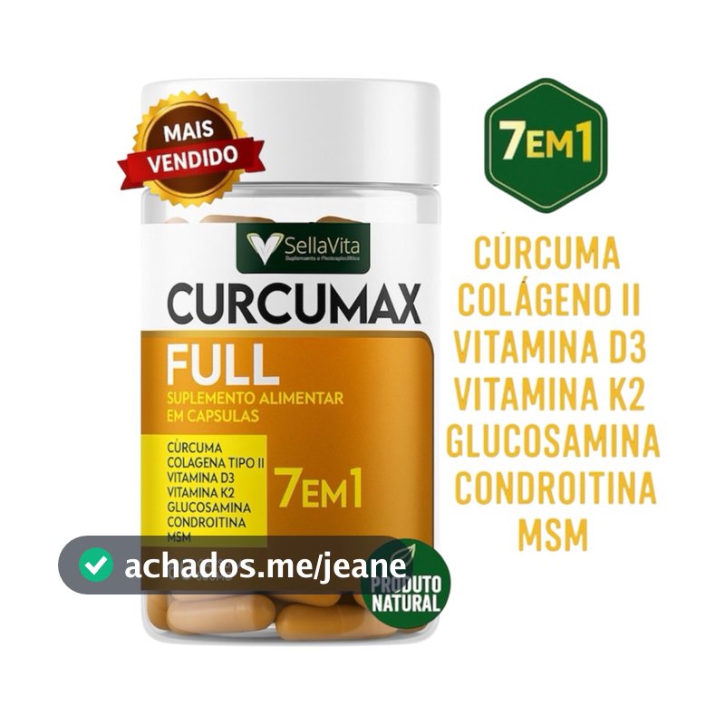 CurcuMax Full 7em1 - Cúrcuma + Colágeno Tipo II + Vitamina D3 + k2 + Glucosamina + Condroitina + MSM  - SellaVita 60Caps