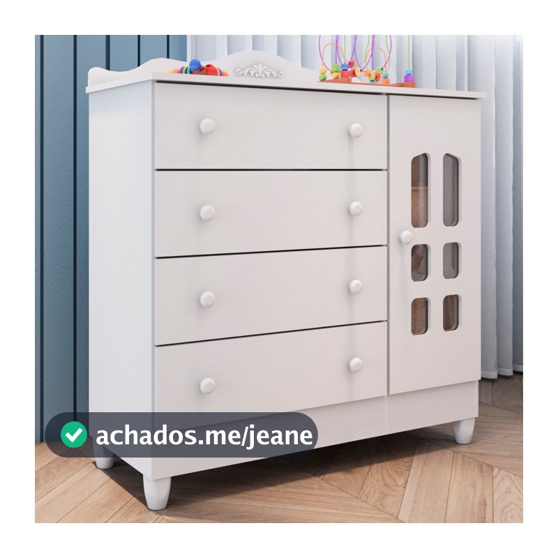 Cômoda Infantil Provençal Lisa 4 Gavetas com Porta Fraldário 100% MDF Branca