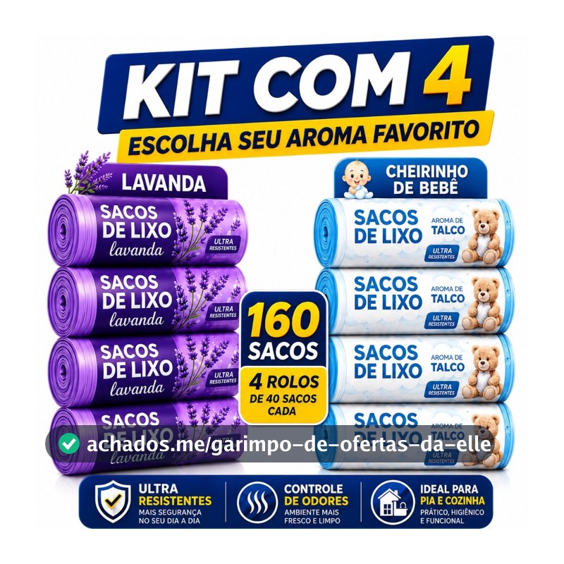 Kit 4 Rolos de Sacos de Lixo 10L 160 Unidades Perfumado Lavanda Talco Cheirinho Bebê Pia Banheiro