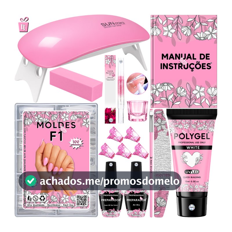 Kit Alongamento De Unha Polygel Cabine Estufa Sun Mini 6w + Top Coat + Primer + 100 Moldes F1Gel/Acrigel/Porcelana