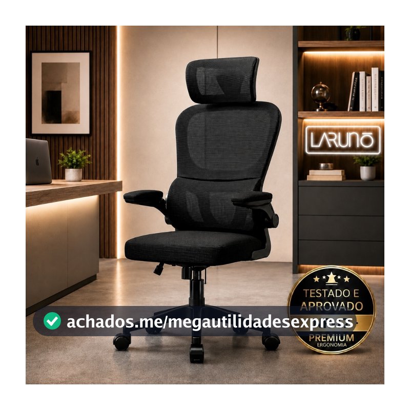Cadeira de Escritório Ergonômica Giratória Presidente com Apoio Lombar, Braços Ajustáveis e Tecido Mesh- LARUNO