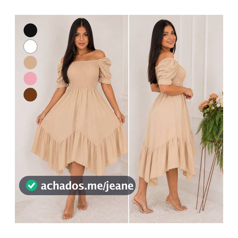 Vestido Midi Feminino Evangélico Ombro a Ombro Cintura com Lastex Casual