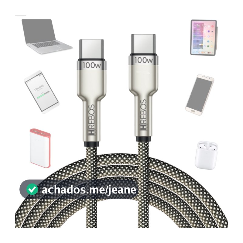 Cabo Carregador Turbo Duplo Tipo-C para Usb-C 100w 20v 3a Nylon Reforçado Pd Hrebos Metal Waves