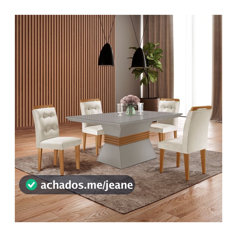Conjunto Sala de Jantar Mesa Clarice 120x80cm Tampo Vidro/MDF Canto Reto com 4 Cadeiras Valentina Branco/Veludo