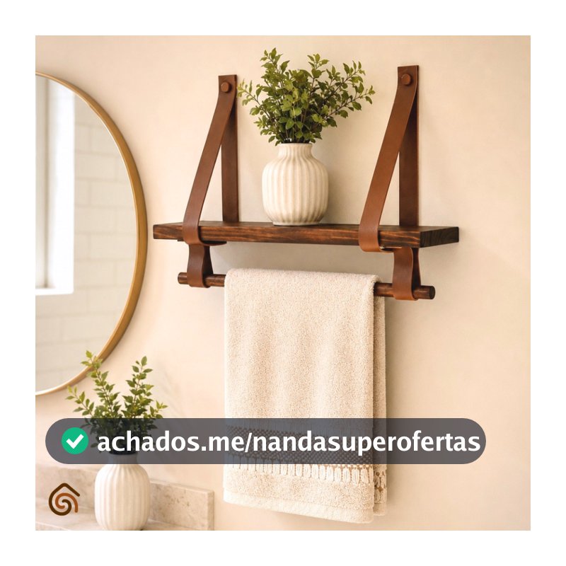 Prateleira Suporte Para Toalha Madeira Envernizada e Couro Decoração Banheiro Rústico | Casa Madêco