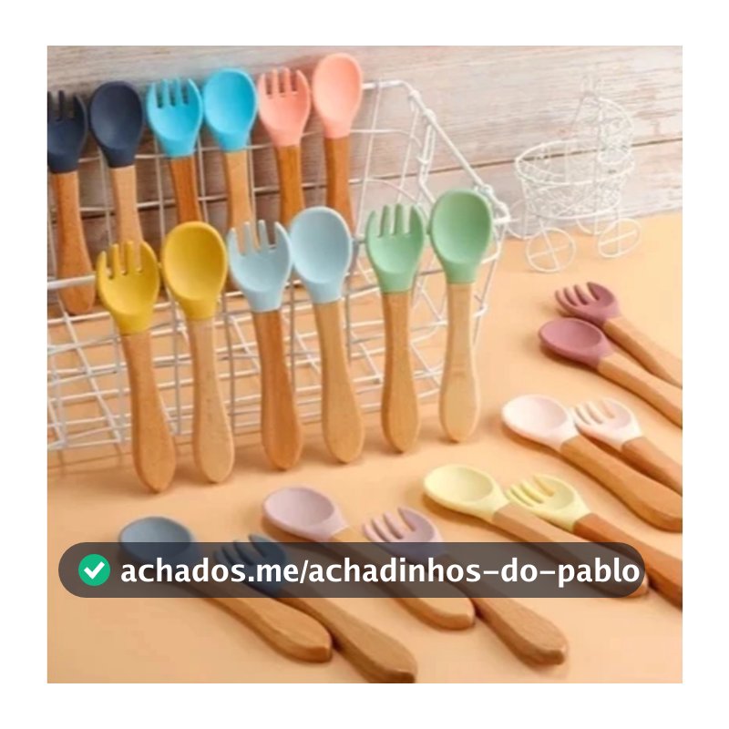 Kit Colher e Garfo de Silicone Talher com Cabo de Madeira infantil Introdução Alimentar Refeição para Bebê