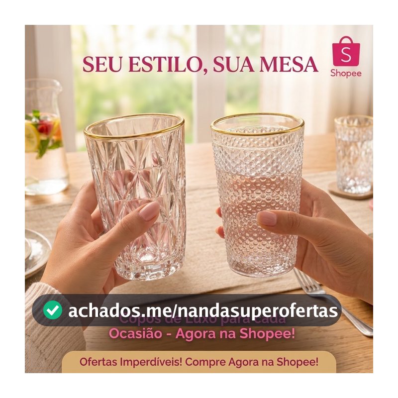 Jogo 6 Copos Vidro Borda Dourada 350ml Diamond ou Imperial Mesa Posta Luxo