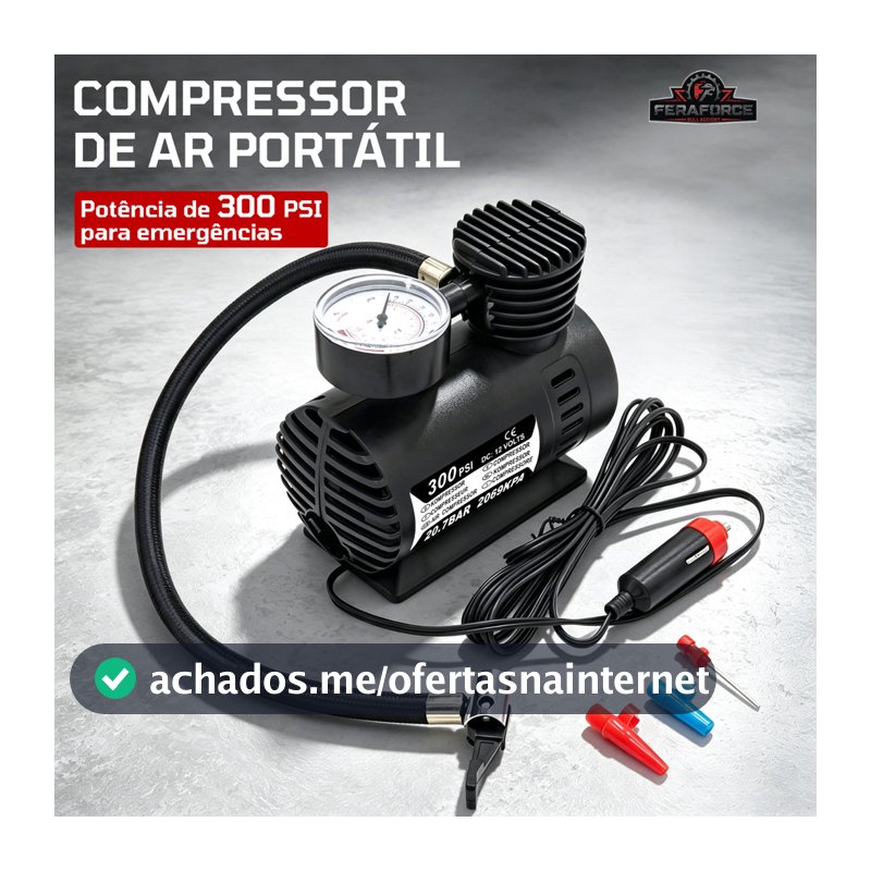 Compressor de Ar Portátil 12V 300PSI 35L/min para Pneus Carro Moto Bicicleta com Manômetro
