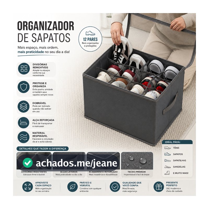 Caixa Dobrável Cinza para 6 Pares de Sapatos 43x32x30cm Com Tampa Feita em TNT Resistente E Ecológico