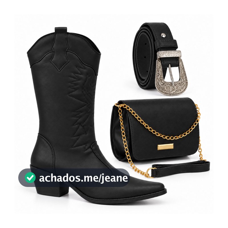 Bota Bordada Feminina Texana Country Bico Fino Salto Médio + Cinto Rodeio + Bolsa Elegante
