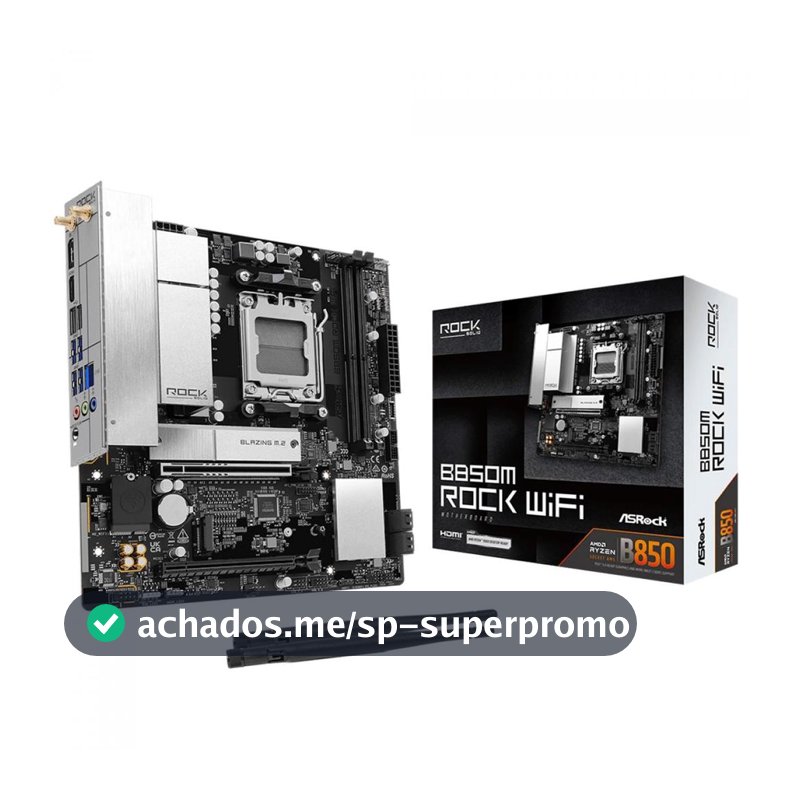 Placa Mãe ASRock B850M Rock WiFi, Chipset B850, AMD AM5, mATX, DDR5