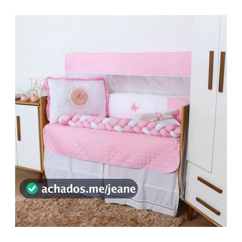 Kit Berço 10 Peças Protetor com Trança Mosquiteiro Trocador Americano Bordado Menino Menina