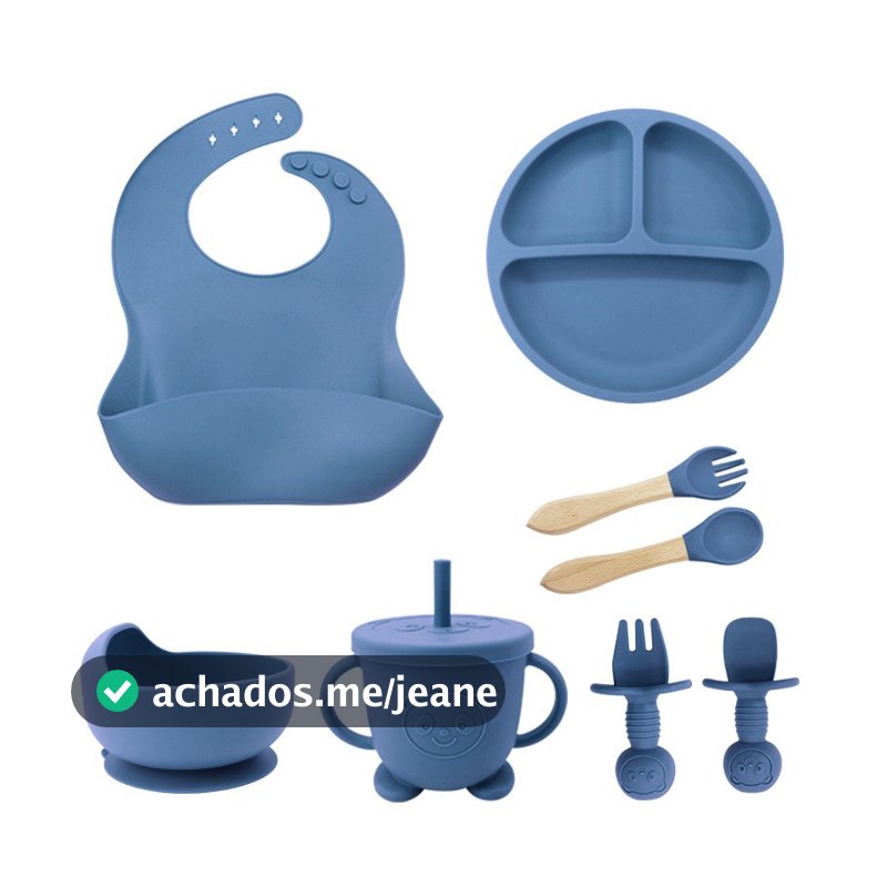 Kit Talheres bebê silicone 4/6/8 Peças Talheres Infantil Com Ventosa Canudo Colher Babador Garfo