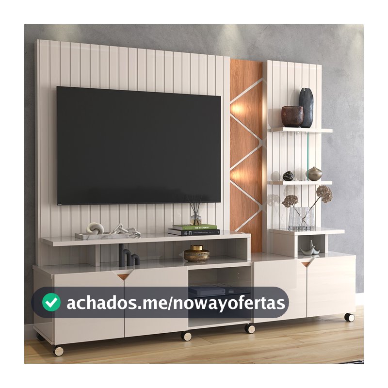 Rack Home Estante Para Tv 55" Lukaliam Móveis Home Cross Frisado 2,10m Off White Jequitiba
