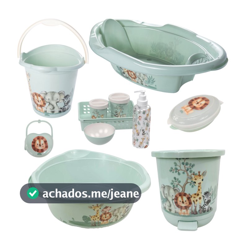 KIT BANHEIRA DE BEBÊ DECORADA LUDICA PLASUTIL + KIT HIGIENE URSO 5 PEÇAS + BACIA LIXEIRA BALDE SABONETEIRA PORTA CHUPETA