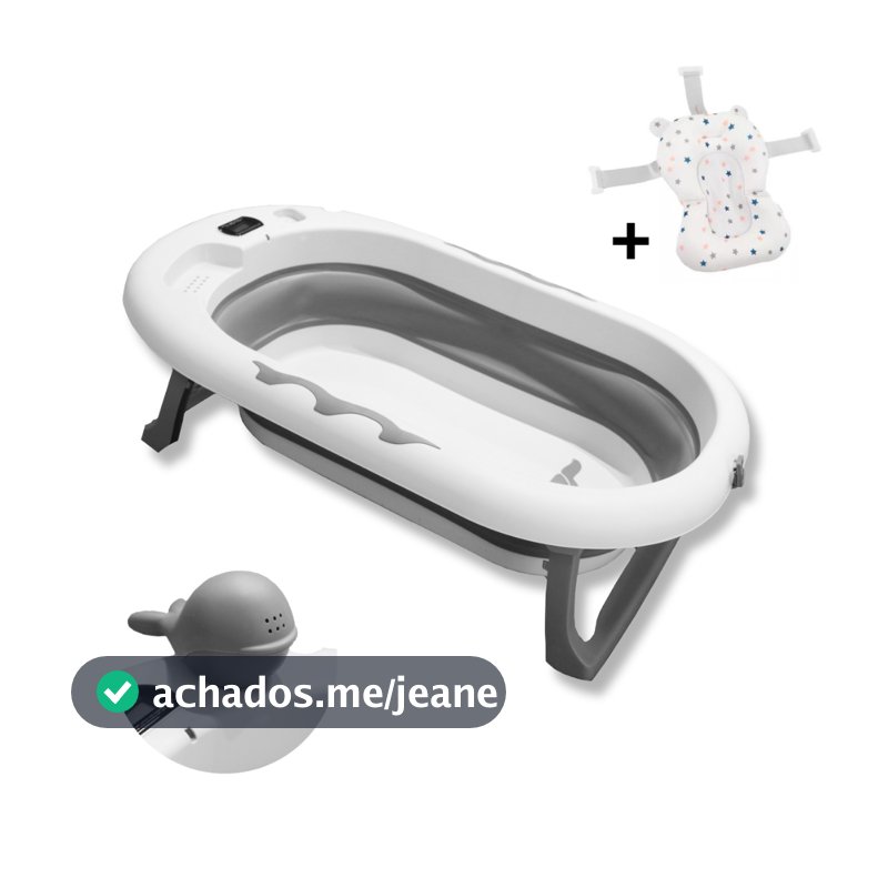 Banheira para banho bebe retrátil dobrável com termômetro medi temperatura e almofada flutuante com trava