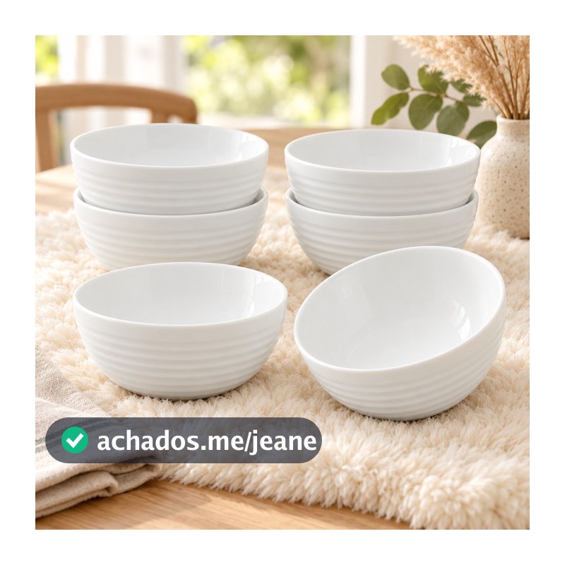 Kit 6 Bowls Vidro Opalino 540ml Branco Canelado Tigela Sobremesa Açaí Sorvete Cumbuca Salada de Frutas