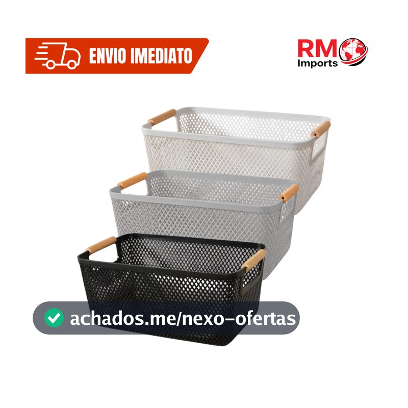 Cesto Organizador Plástico Multiuso com Alça de Madeira Branco Preto Cinza