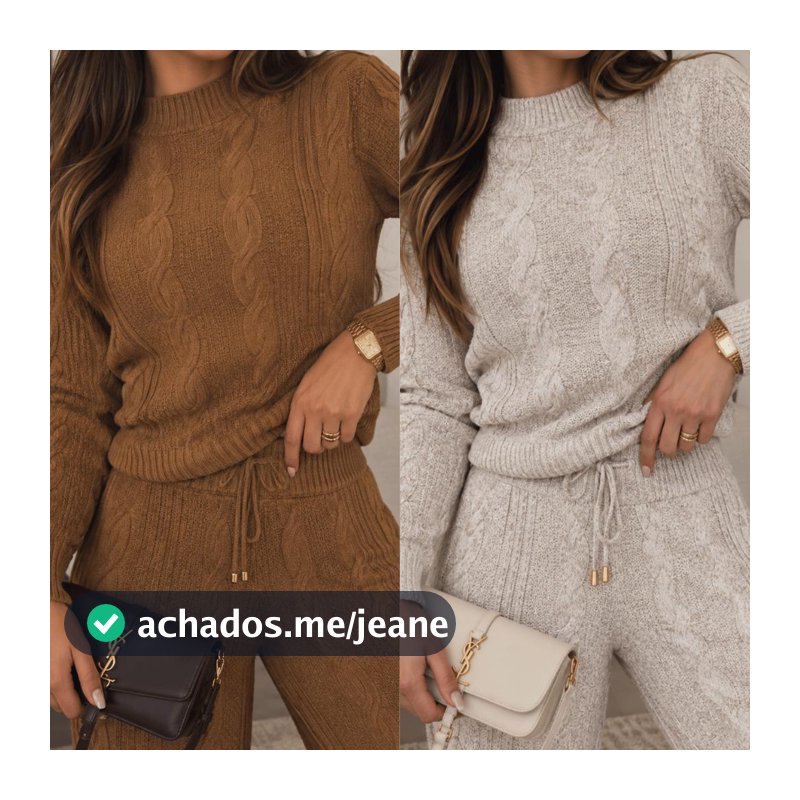 Conjunto de Tricot Mousse Calça Pantalona Cordão Ajustável+Blusa Manga Bufante Inverno