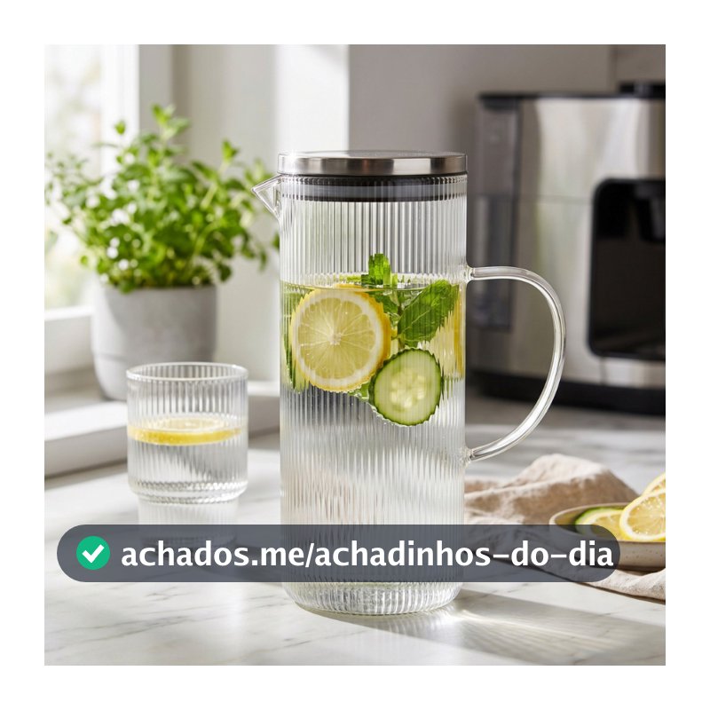 Jarra de Vidro Borossilicato 1,4L Tampa Inox Canelada Suco Chá Água Gelada Mesa  Presente Cozinha