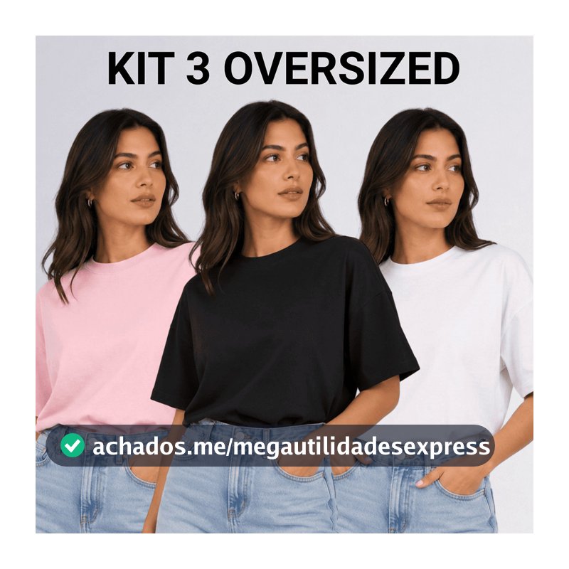 Kit 3 Blusas Oversized Feminina 100% Algodão Camiseta T-shirt Básica Lisa Gola Alta