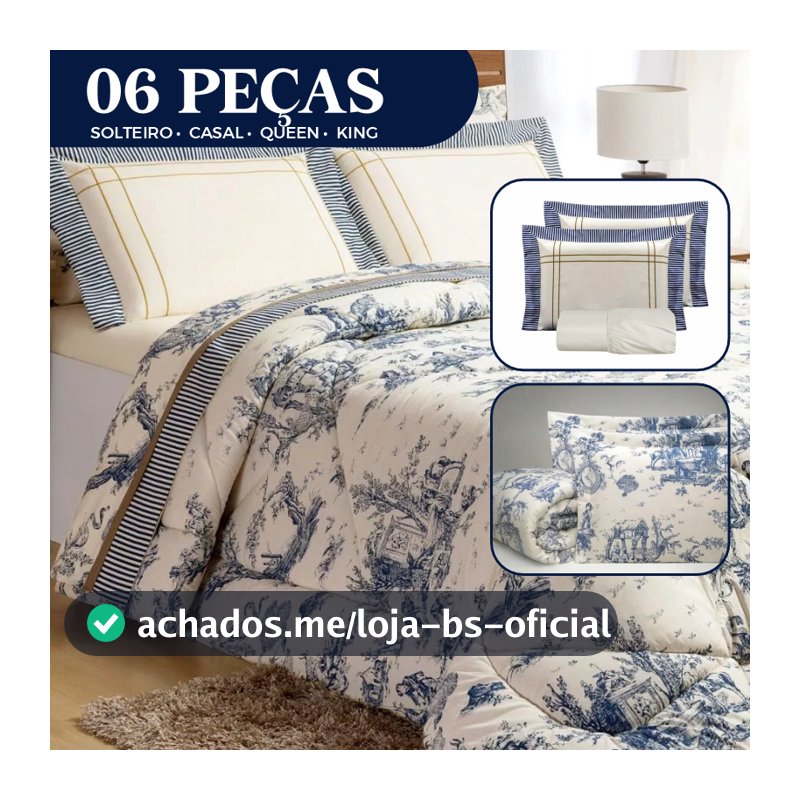 Edredom Solteiro/Casal/Queen/King Macio 06 Peças Dupla Face + Jogo de Lençol Premium Estampa Porcelana