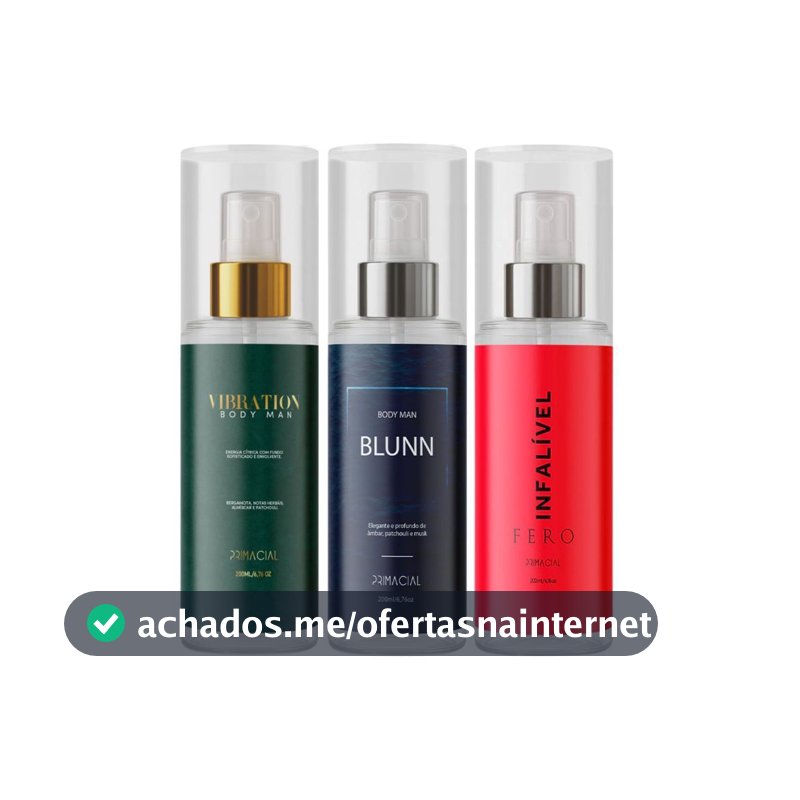 KIT COM 3 BODY SPLASH MASCULINO VIBRATION + BLUNN + INFALÍVEL FERO 200ML - PERFUME CÍTRICO AMADEIRADO AQUÁTICO