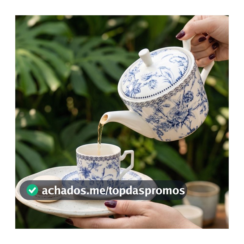 Jogo de Chá 5 Peças Porcelana New Bone Azul Hortênsia Bule 750ml e 4 Xícaras 90ml Luxo Elegante