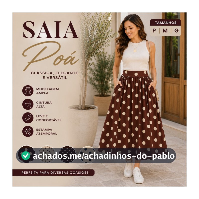 Saia Midi Poá Feminina Com Bolsos– Cintura Alta, Macia e Confortável.