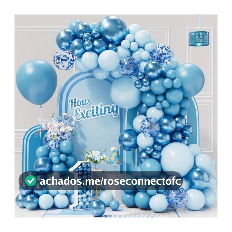 Kit 140 Balões Azul Metalizado Liso Bexiga Azulado Cromado Decoração Arco Desconstruído + Fita Festa Aniversário Bebê