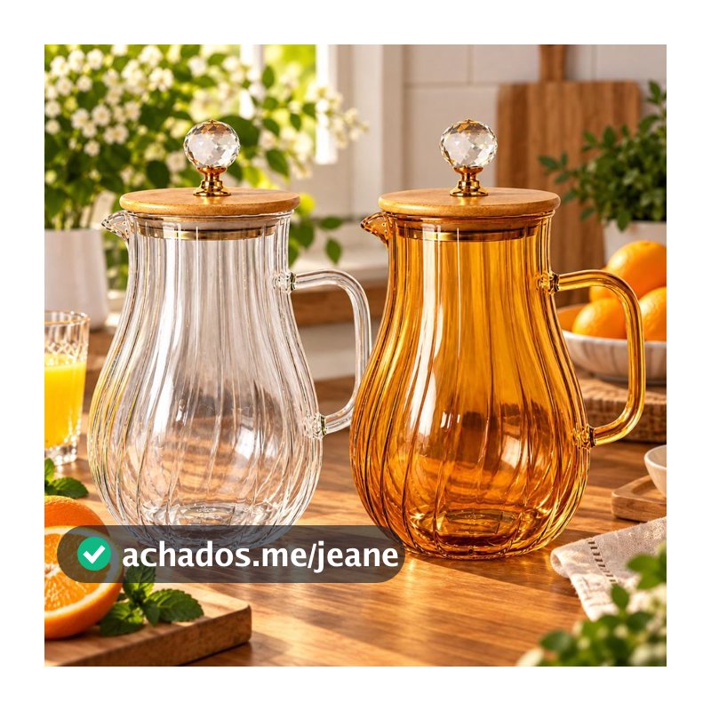 Jarra Vidro 1,8 Litros Tampa Bambu Mesa Posta Luxo transparente e Ambar