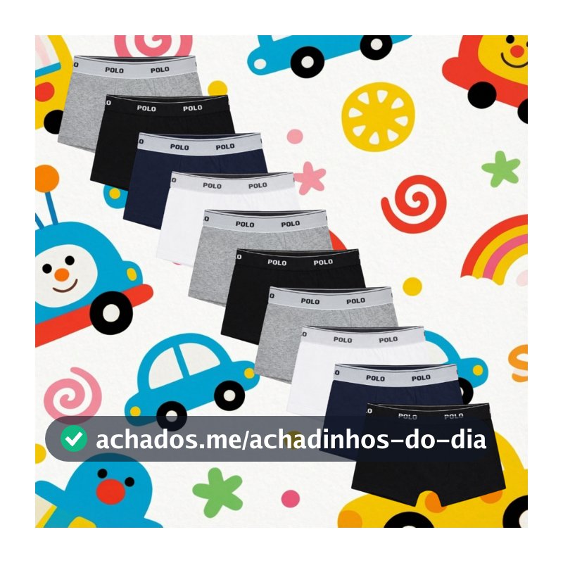 Kit 10 Cuecas Boxer Polo Cotton Infantil 100% Algodão Forro Duplo Meninos Premium