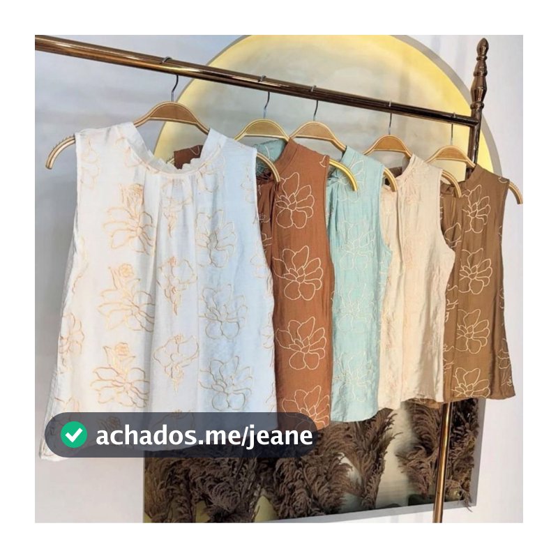 Regata Feminina com Flores Bordadas na Frente, Gola Frizada e Botão nas Costas – Tecido Viscose Bordado P, M, G e GG