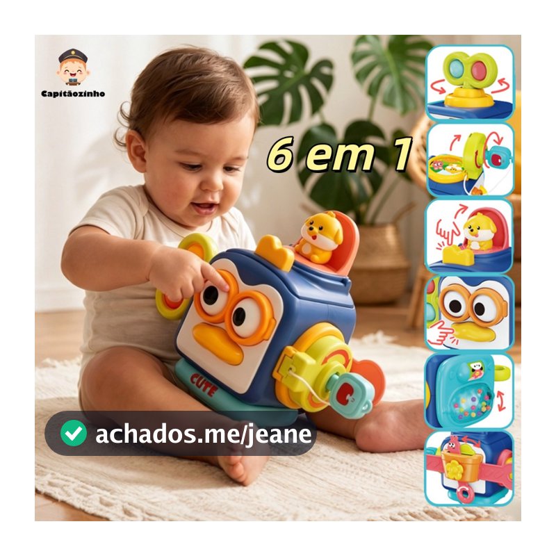 Brinquedo Educativo Cubo Sensorial 6 Lados Pinguim | Montessori para Bebê 6M+