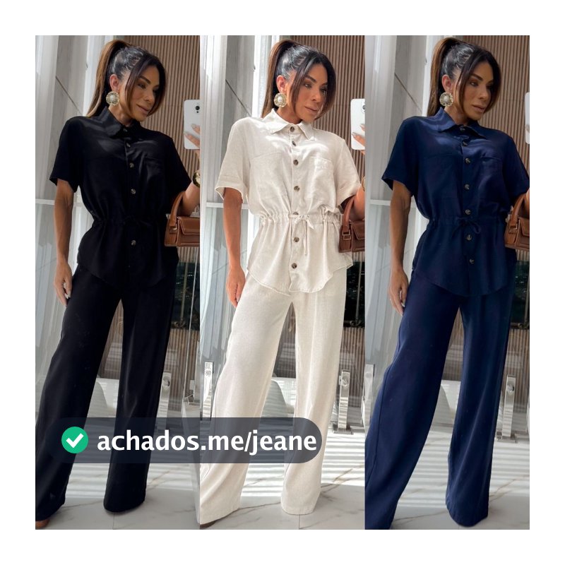 Conjunto Linho Femenino Calça pantalona forrada e camisa manga corta