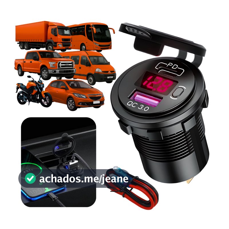 Carregador com display led voltímetro para carro veicular 12/24V 36W QC3.0 Dual USB