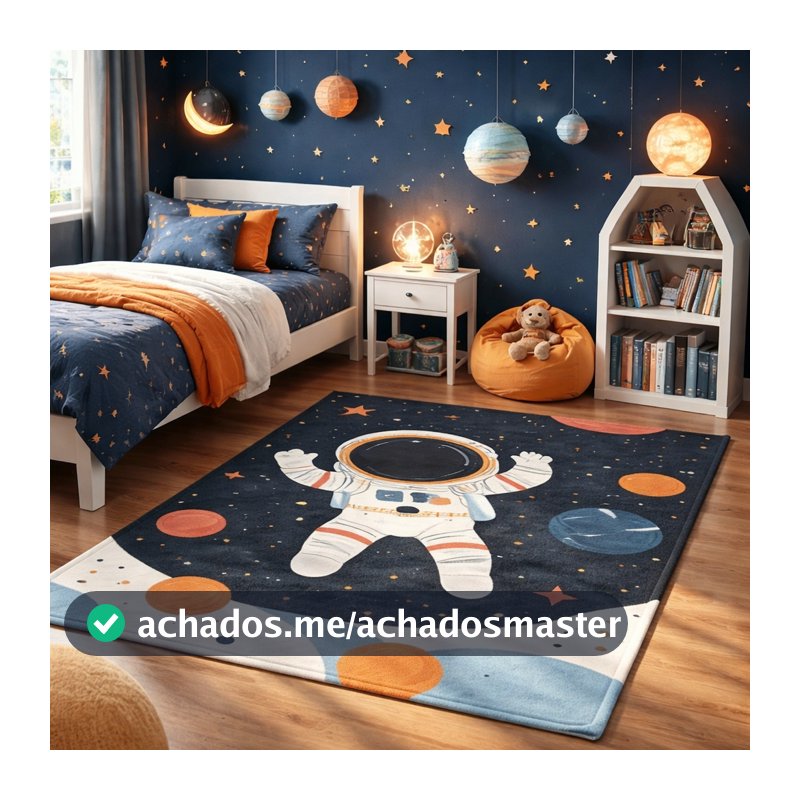 Tapete Infantil Decorativo 118x70cm Antiderrapante Sala, Quarto e Escritório Astronauta Espaço