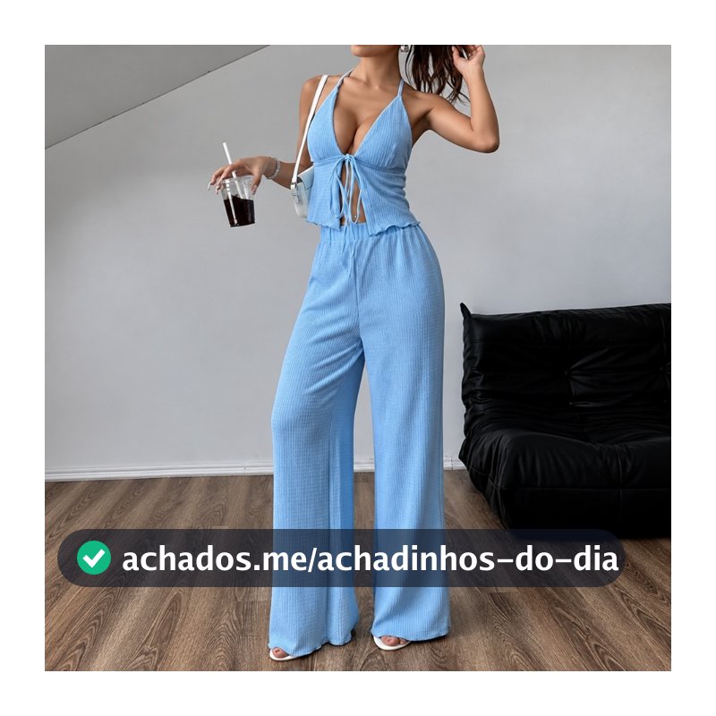 Conjunto Feminino Liz Calça Pantalona Inverno + Blusinha Top Amarração Look Versátil