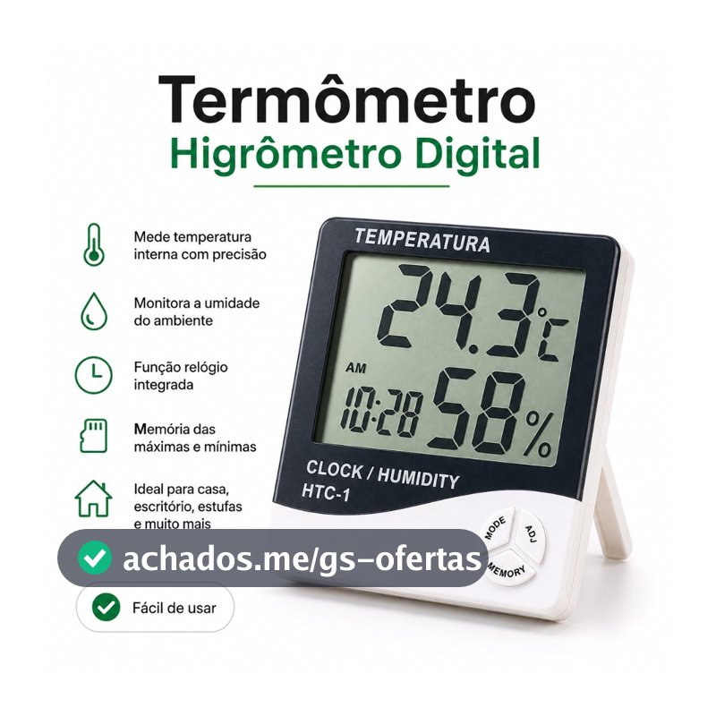 Termo Higrometro Digital Com Máxima e Mínima Medidor De Temperatura e Umidade Com Relógio e Alarme