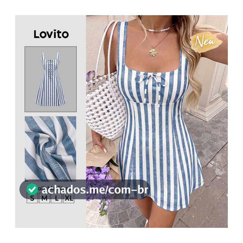 (New Arrival) Lovito Vestido Azul Feminino Elegante Listrado Curto evasê Com amarração E zíper Casual De primavera/verão DRB39BR005