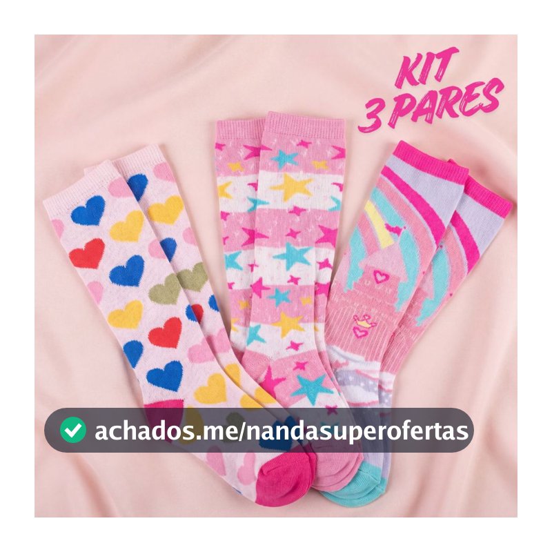 Kit 3 Pares Meia Infantil Menina Galochita 3/4 Algodão Cano Longo Colorida Estampada